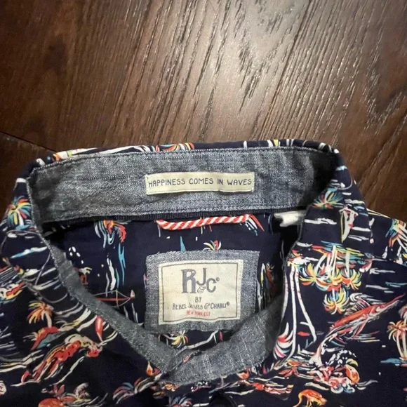 Navy Tropical Print Men's Shirt - Picture 8 of 12
